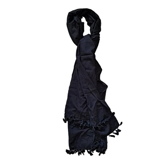 Black Cotton Rectangular Scarf with Pompom like fringes 42" X 88" - Picture 1 of 5